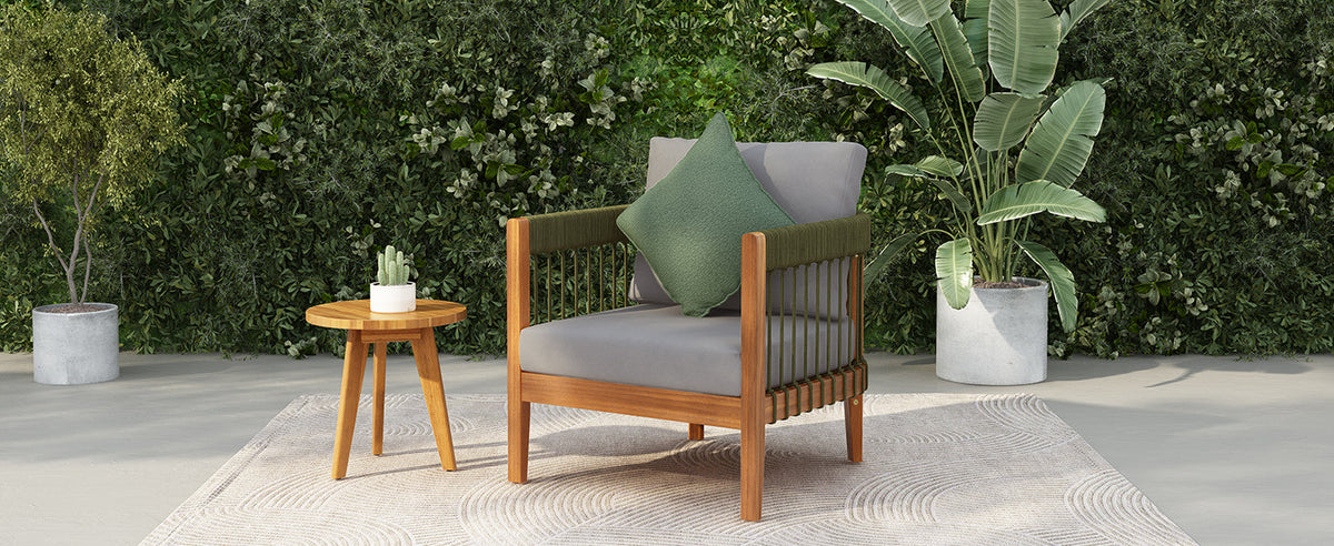 Acacia Wood Outdoor Club Chair with Handwoven Rope Accents - Natural