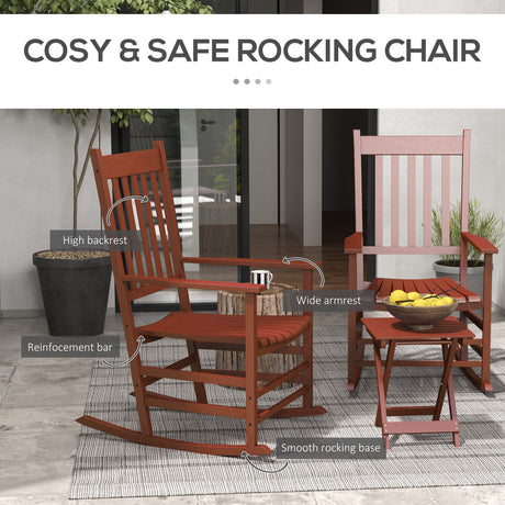 Outdoor wooden rocking chair set of 2 with side table,  high back , supports up to 352 lbs., wine red