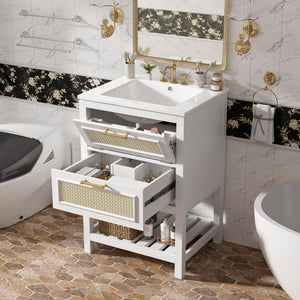 Modern Bathroom Vanity With Integrated Sink, Cabinet With 1 Deep Drawer And 1 Tip-Out Drawer