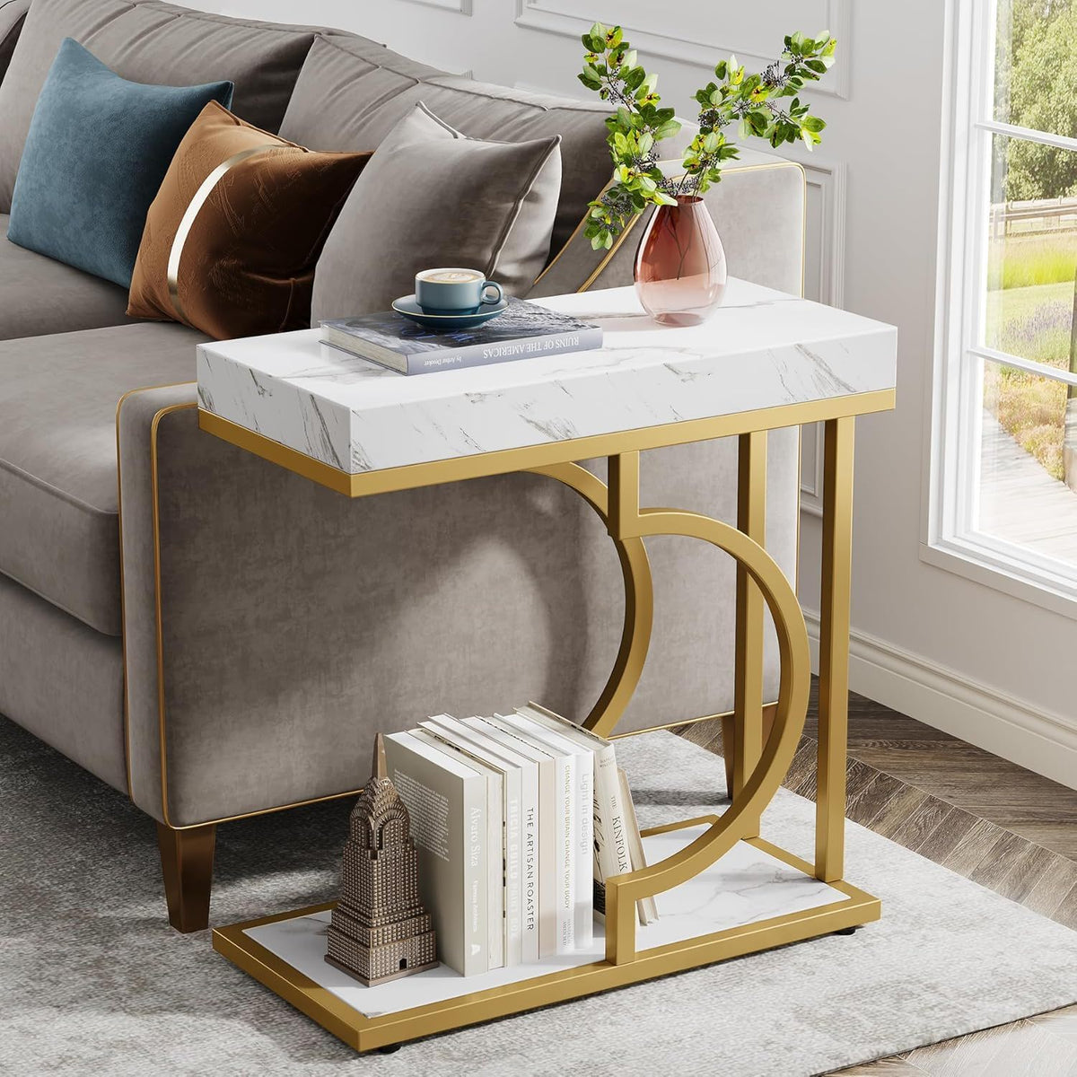 C-Shaped Sofa Side Table For Living Room - White / Gold