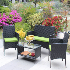 4 PC Rattan Patio Furniture Set with Cushions - Black and Green