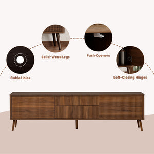 Fluted TV Stand With Storage Drawers And Cabinets For TVs Up To 80", Soft-Close Hinges, Cable Management - Walnut