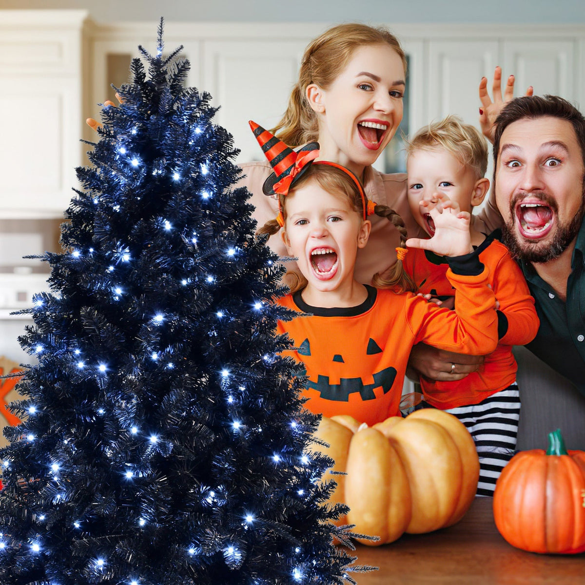 6-Foot Pre-Lit Black Christmas Tree with 350 LED Lights - Black