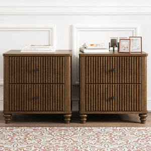 Mid Century Modern Fluted Nightstand 2 Piece Set With 3 Drawers - Walnut