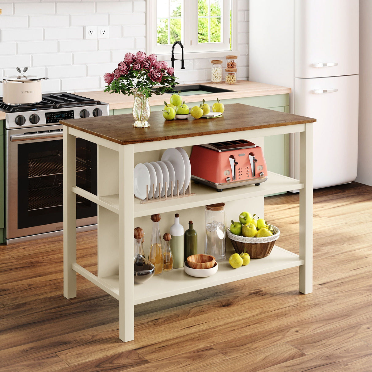 Rustic 3 Piece Stationary Kitchen Island Set With 2 Seatings, With 2 Open Shelves