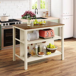 Rustic 3 Piece Stationary Kitchen Island Set With 2 Seatings, With 2 Open Shelves