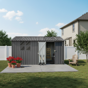 12x10 Ft Metal Garden Shed with Apex Roof and Shelving - Grey