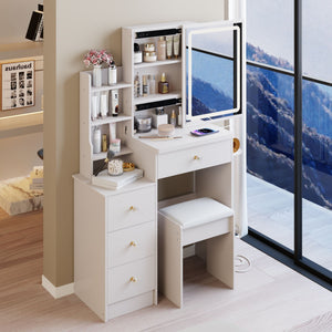 Cabinet Vanity Table & Cushioned Stool, USB Power Station, Hair Dryer Bracket - White