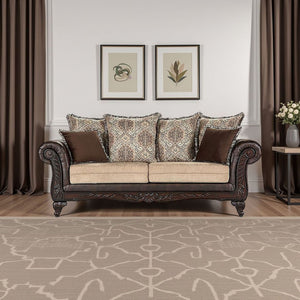 Brookridge - Rolled Arm Sofa With Ornate Details And Mixed Upholstery - Brown