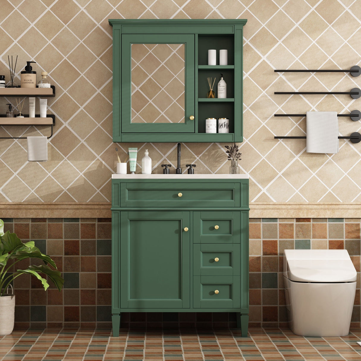 Bathroom Vanity With Top Sink, 2 Doors And 3 Drawers, Freestanding Set With Mirror Cabinet