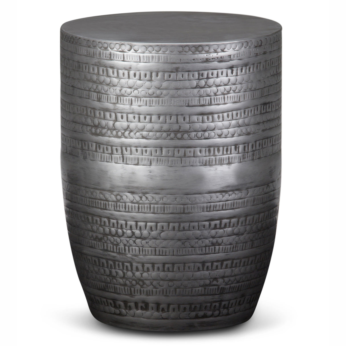 Johnsen 15 inch Wide Tribal Pattern Metal Accent Table in Antique Silver