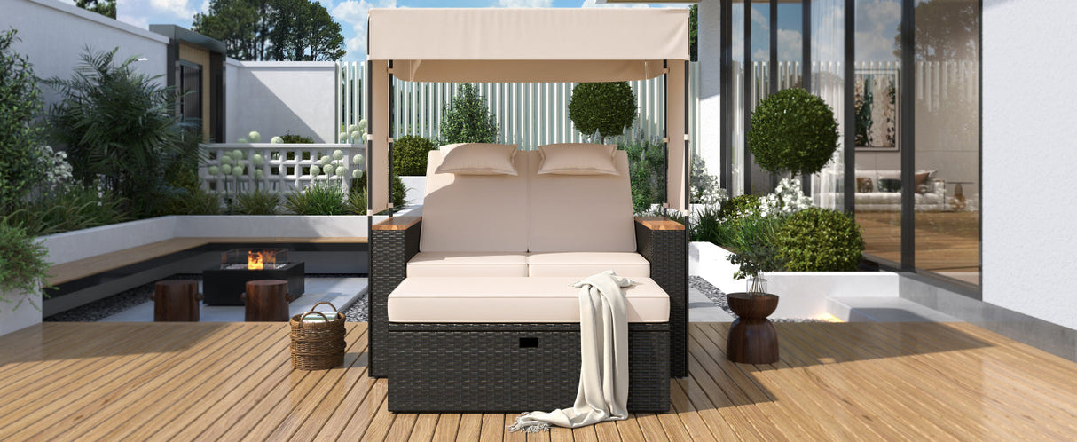 Bethany Two-Person Outdoor Rattan Daybed with Adjustable Canopy and Hidden Storage