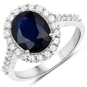 3.70 Carat Genuine Blue Sapphire and White Diamond 14K White Gold Ring
