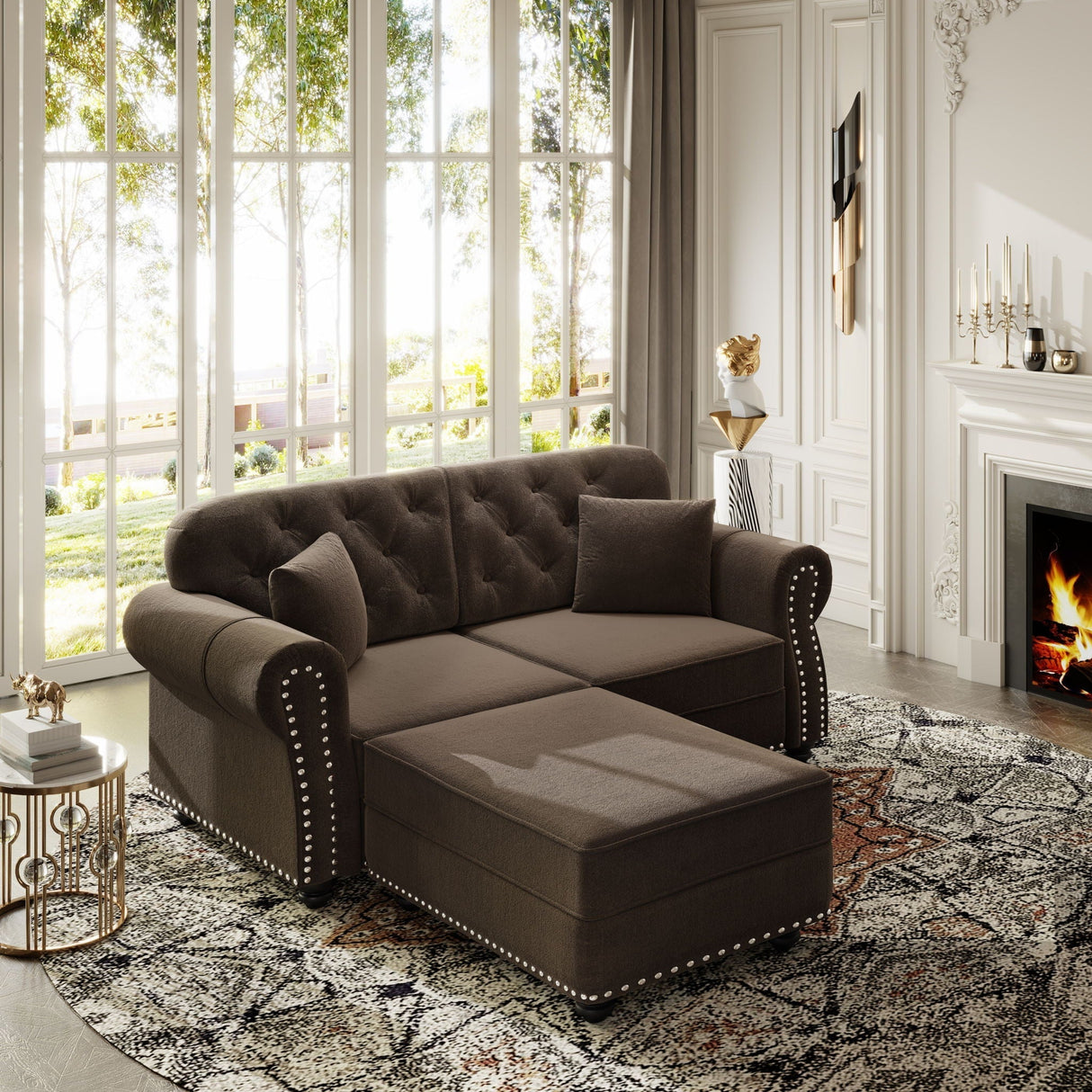 Upholstered Sofa Set With Nailhead Trim and Rolled Armrests, Includes Pillows