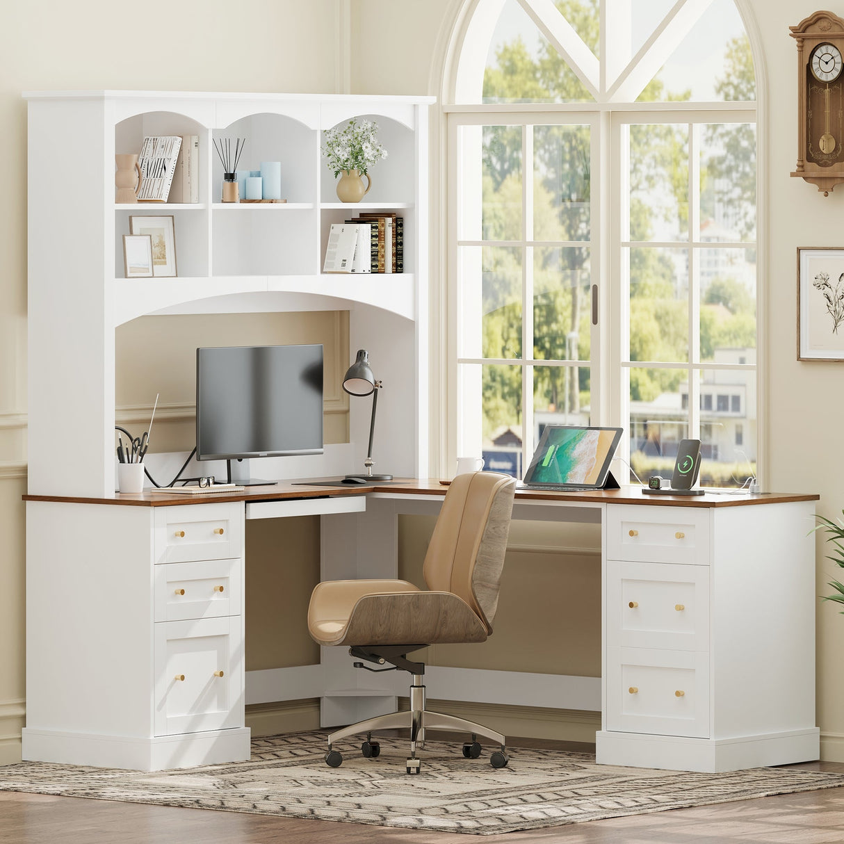 Space-Saving L-Shaped Computer Desk with Keyboard Tray & Charging Stations