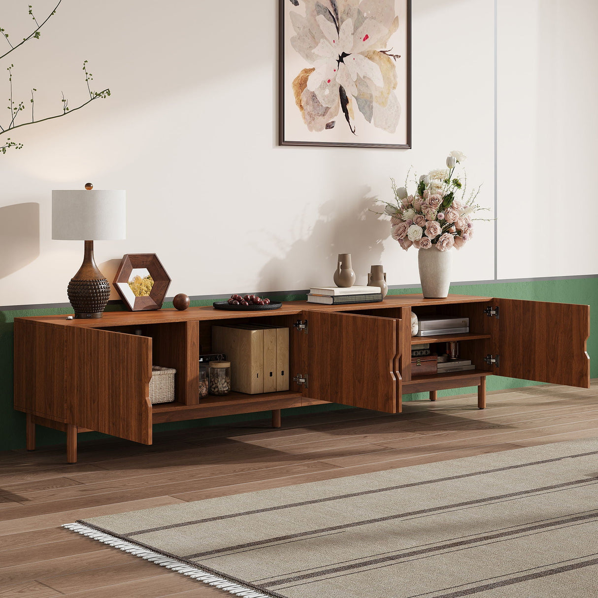 TV Stand With Legs, Media Console, 4 Cabinets For Living Room - Natural Wood