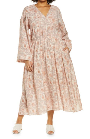 Vince Dahlia Print Long Sleeve Midi Dress in Lotus Shell, Size 1X