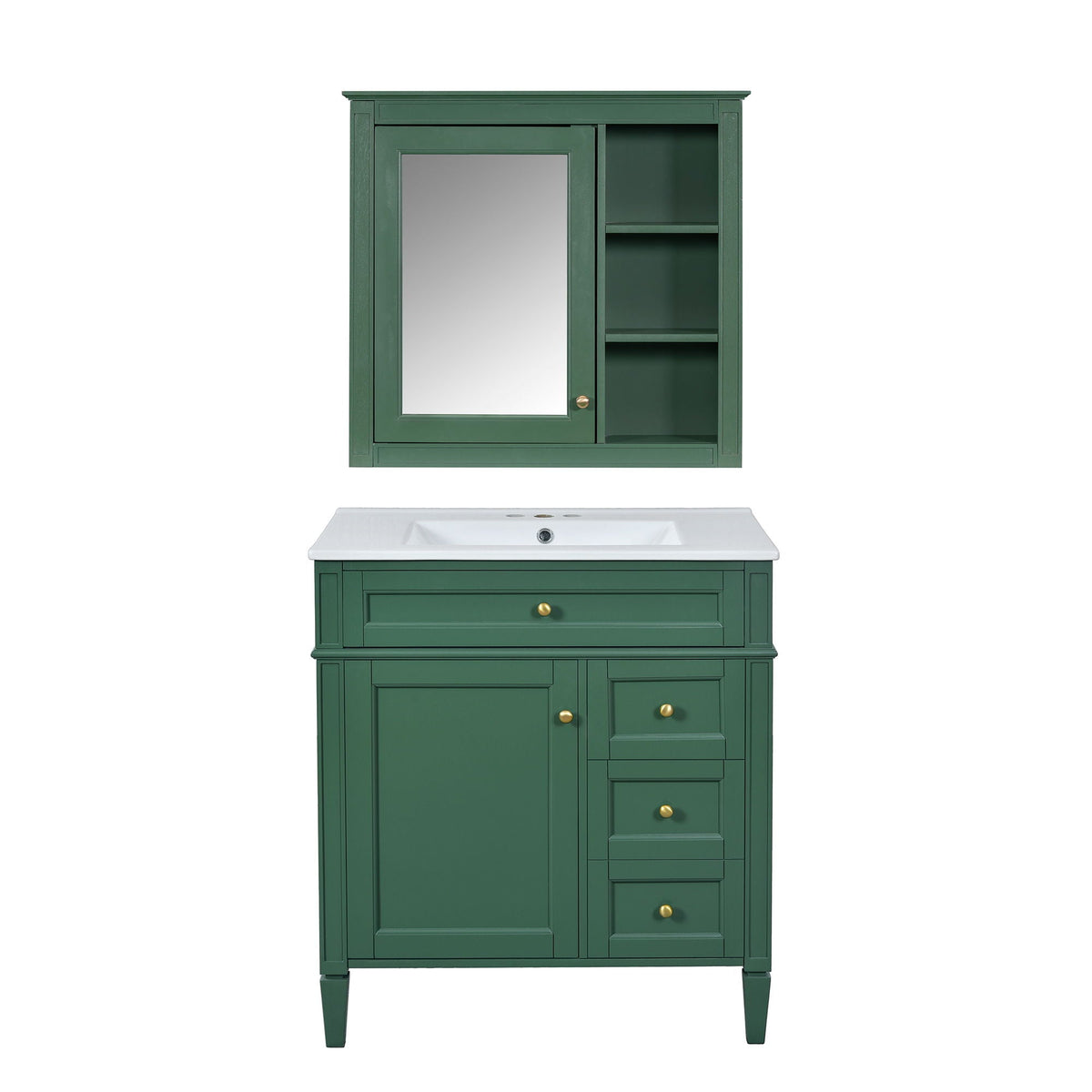 Bathroom Vanity With Top Sink, 2 Doors And 3 Drawers, Freestanding Set With Mirror Cabinet