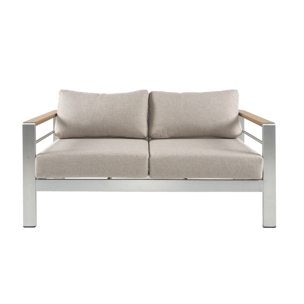 Cora Outdoor Aluminum Loveseat, Silver Frame with Beige Cushion