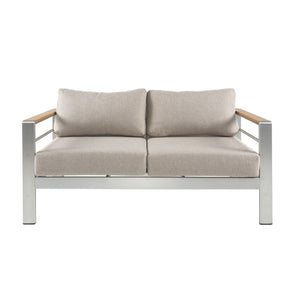 Cora Outdoor Aluminum Loveseat, Silver Frame with Beige Cushion