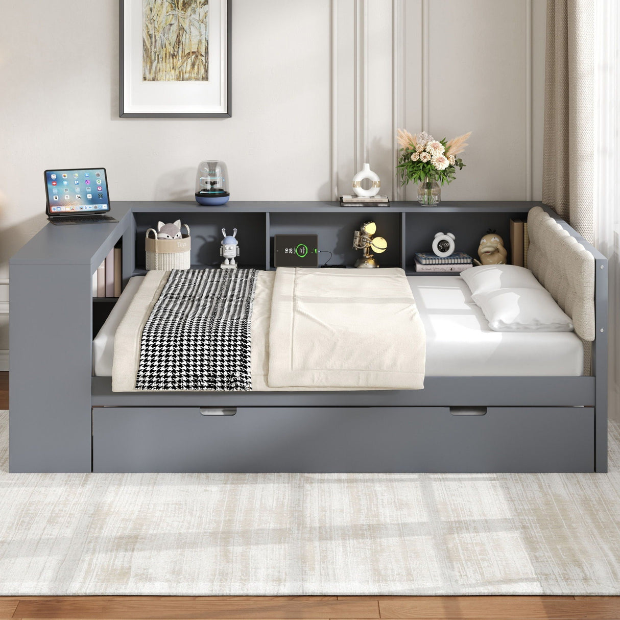 Upholstered Headboard Platform Bed with Storage Shelves, Trundle, and Charging Station
