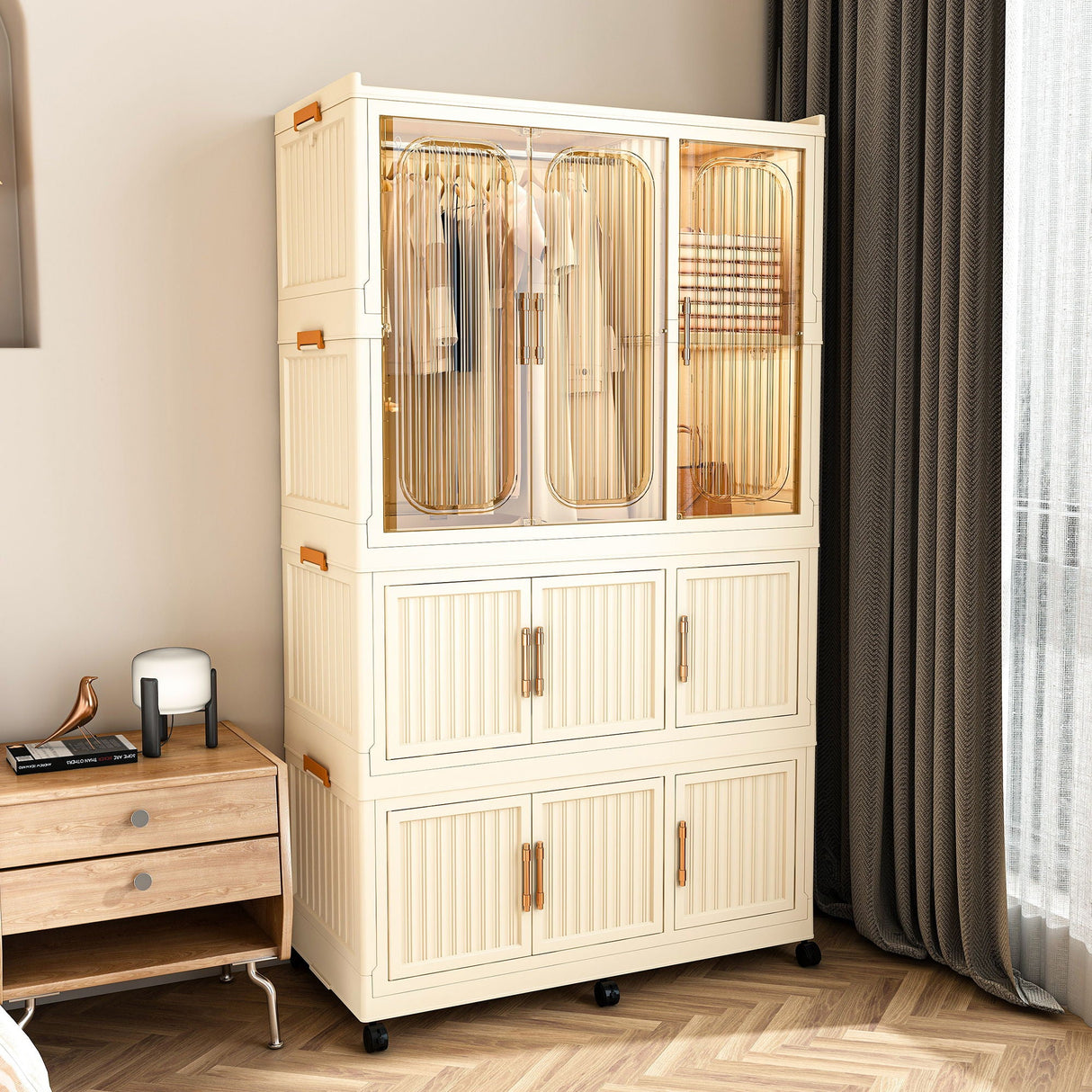 Portable Wardrobe Closet Storage Organizer With 9 Magnetic Doors - Cream White