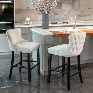 Contemporary Upholstered Wing-Back Barstools With Button Tufted Decoration And Wooden Legs, And Nailhead Trim, Leisure Style Bar Chairs, Bar Stools (Set of 2)