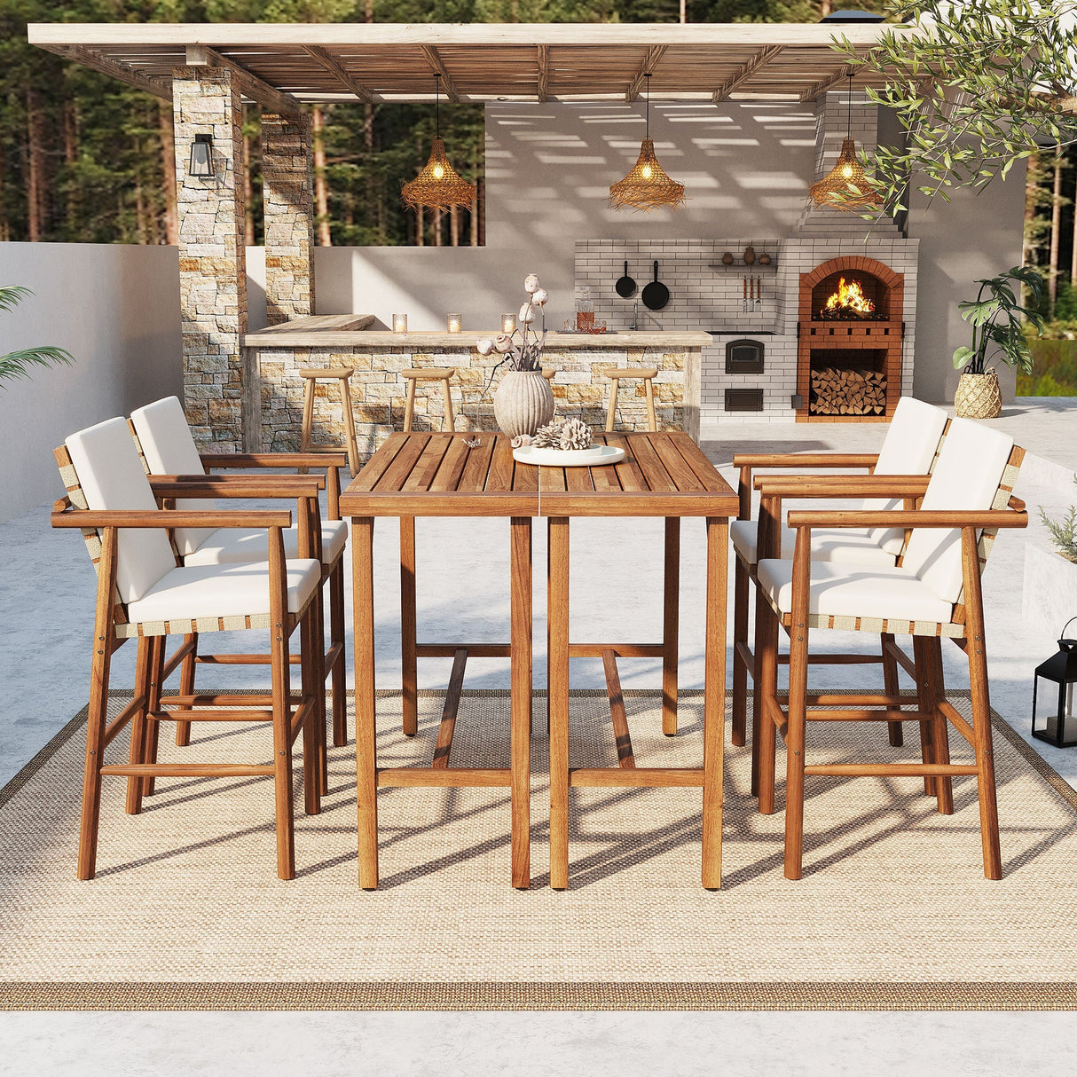 6 Piece Outdoor Bar Set with Acacia Wood Table & Cushioned Stools
