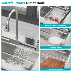 Drop In Waterfall Kitchen Sink with Pull-Out Faucet & Cup Washer - Gray or Black