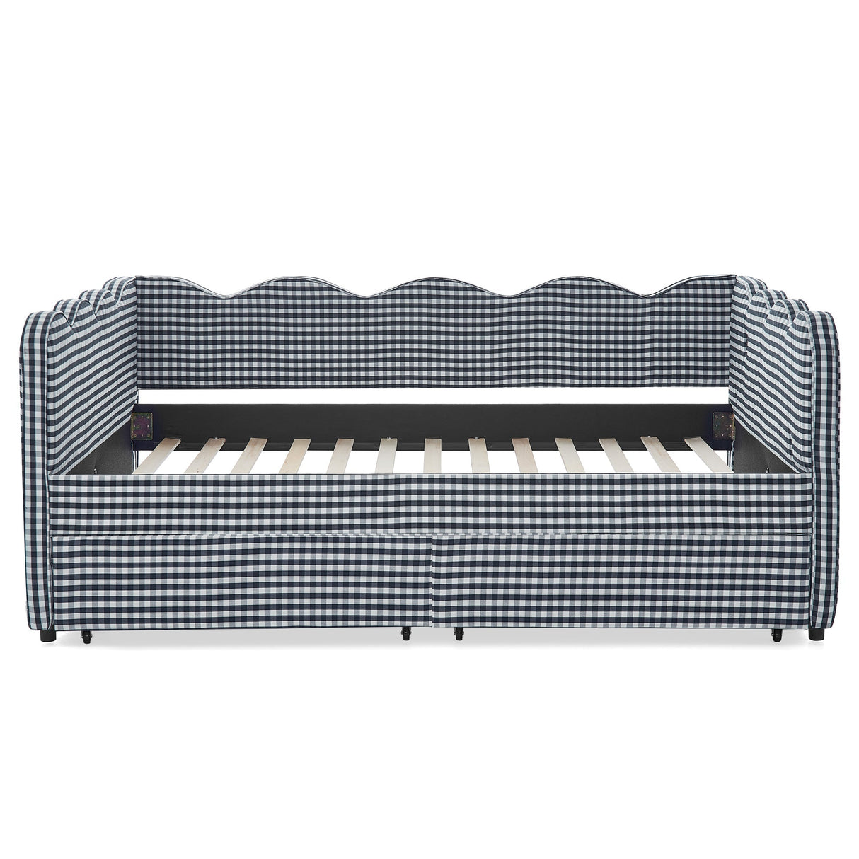 Full Size Cozy Gingham Daybed with Two Storage Drawers, with USB Port and Adorable Wave Shaped, Linen Fabric