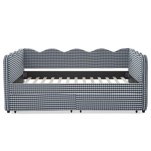 Full Size Cozy Gingham Daybed with Two Storage Drawers, with USB Port and Adorable Wave Shaped, Linen Fabric