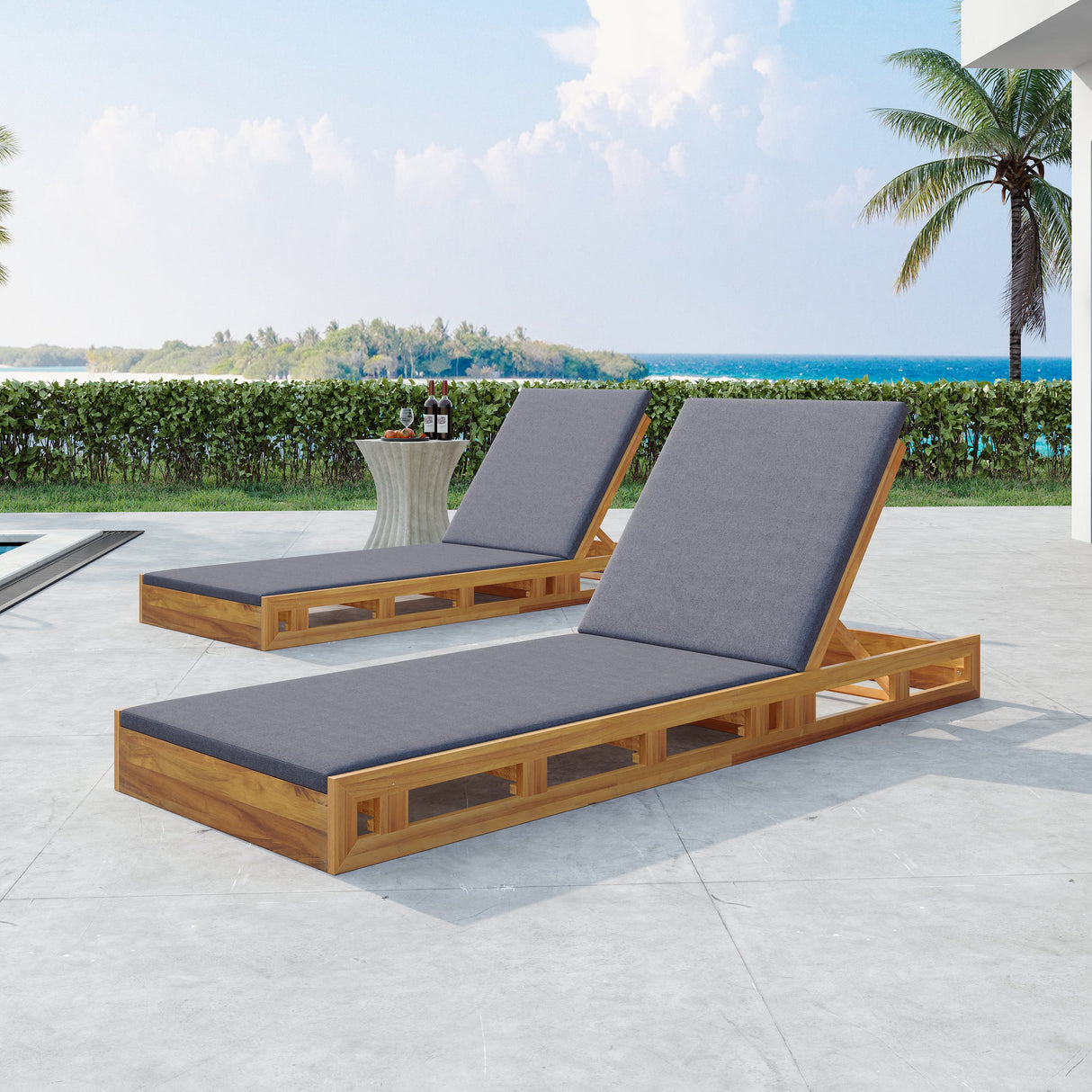 Acacia Wood Lounge Chaise Set with Water-Resistant Cushions