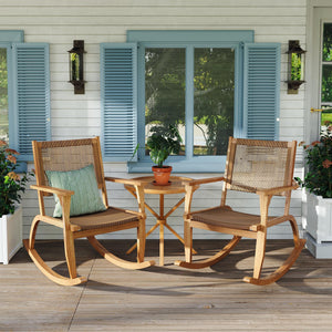 GO 2 Pieces Patio Rocking Chair Set, Acacia Wood Outdoor Rockers with Wicker Rattan Seat & Backrest, Comfortable Garden Porch Chairs for Backyard, Balcony, and Poolside, Natural
