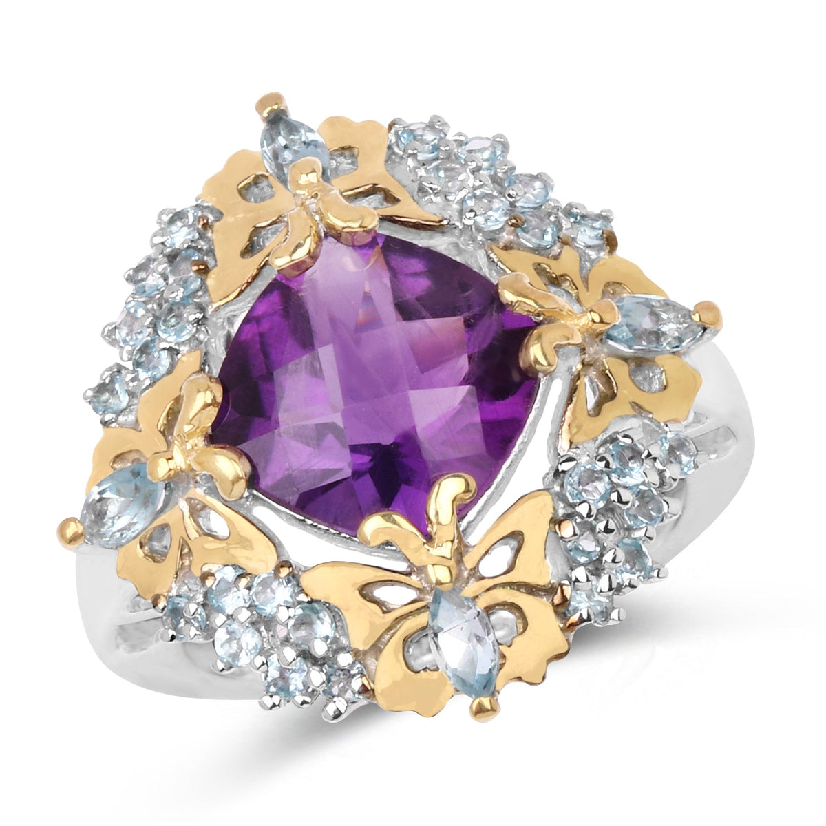 Two Tone Plated 4.45 Carat Genuine Amethyst & Blue Topaz .925 Sterling Silver Ring