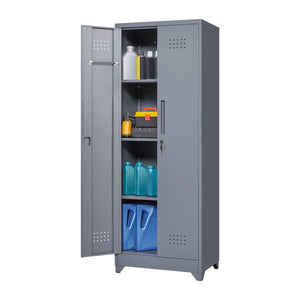 Heavy Duty Storage Cabinet With Locking Doors, Hanging Rod & Shelves, Broom Closet - Gray