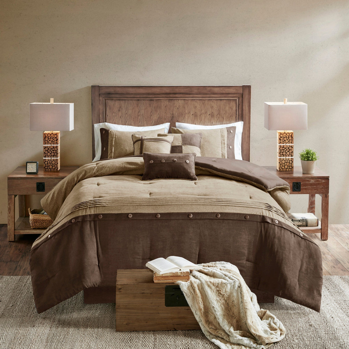 Brown Faux Suede Comforter Set with Hypoallergenic Filling – Queen, 7 Piece