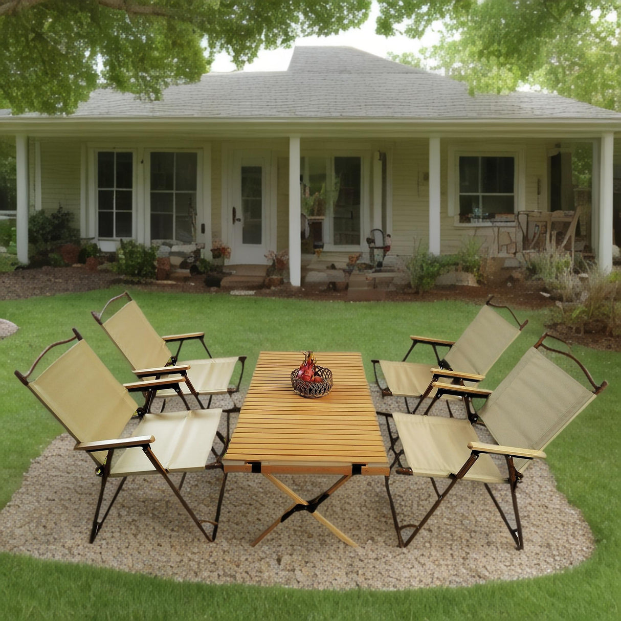 5-Piece Folding Camping Table &amp; Chair Set – Beech Wood & Canvas