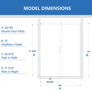 56-60" W x 74" H Semi-Frameless Sliding Shower Door