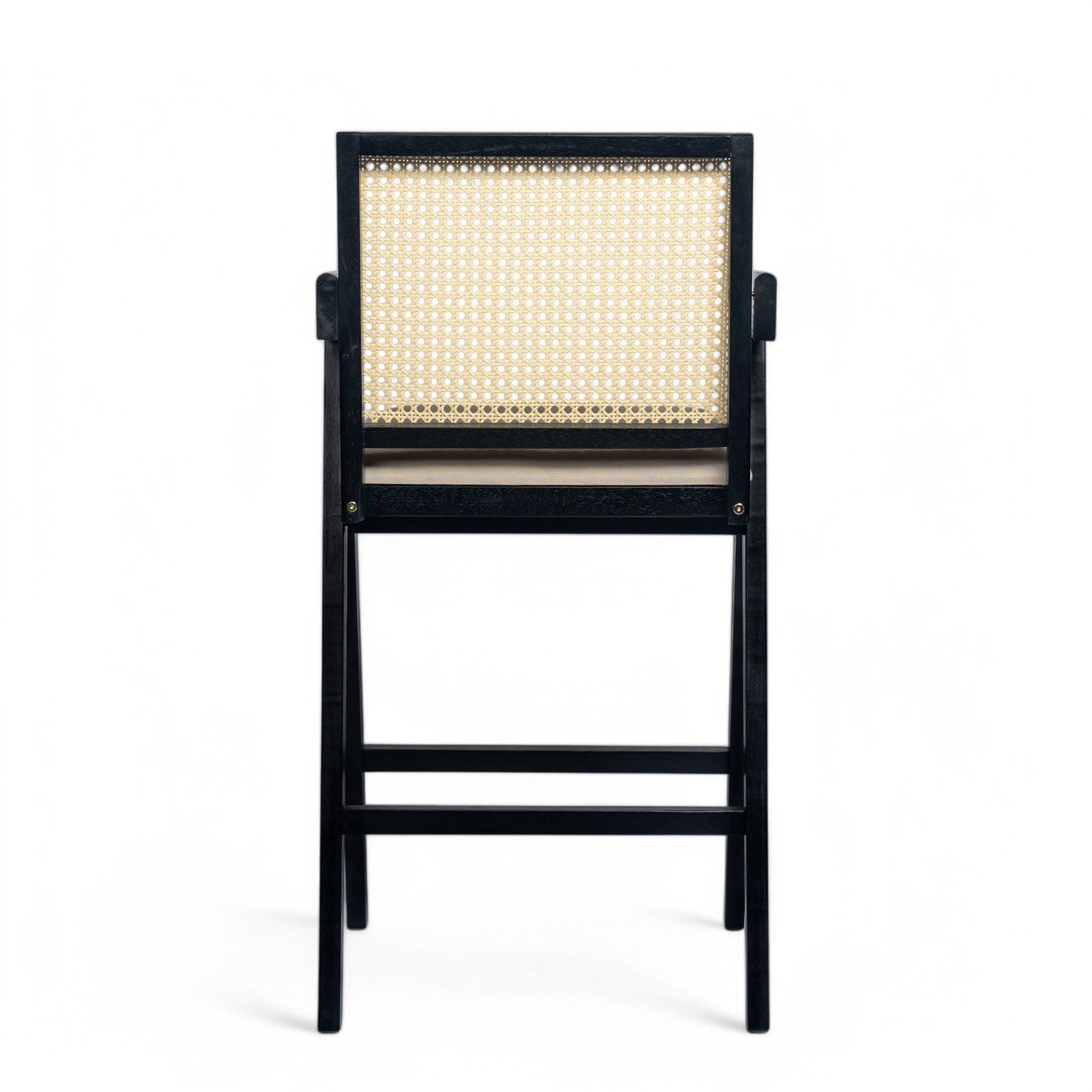 Woven Cane Plastic Backrest Bar Stool Foam Padded Fabric Seat & Durable Rubberwood Frame - Cream Gray