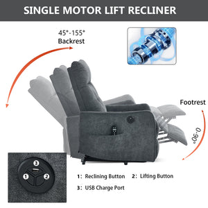 Grey Chenille Single Motor Power Lift Recliner Chair