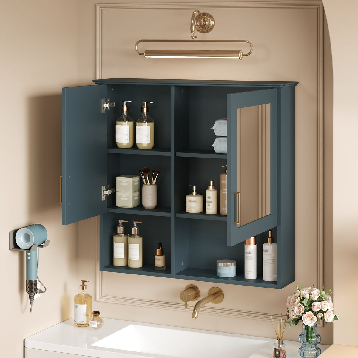 2 In 1 Wall-Mounted Mirror Cabinet with Adjustable Shelves - White, Blue, Black