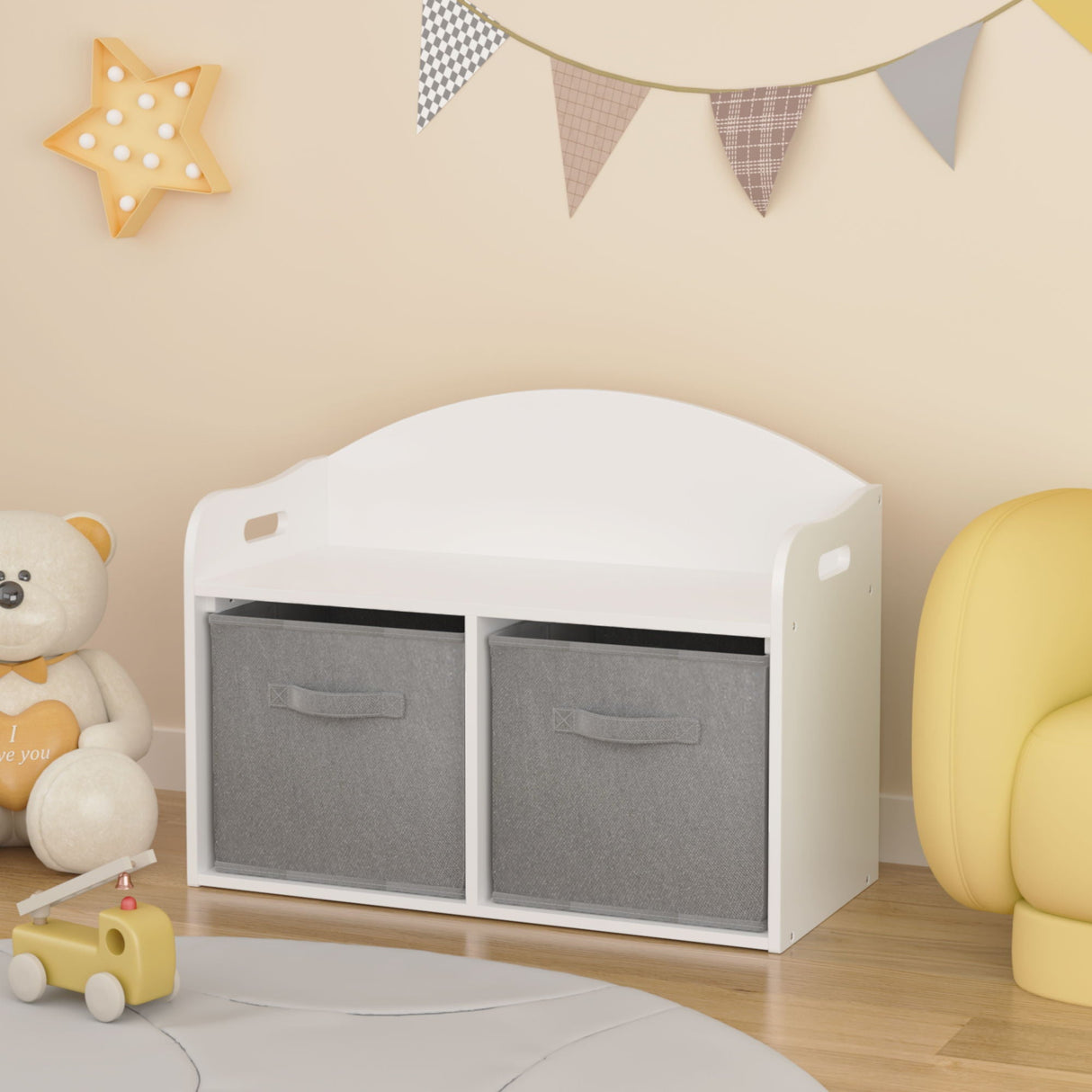 Toy Box Bench With Collapsible Drawers, Storage Cabinet Organizer - White