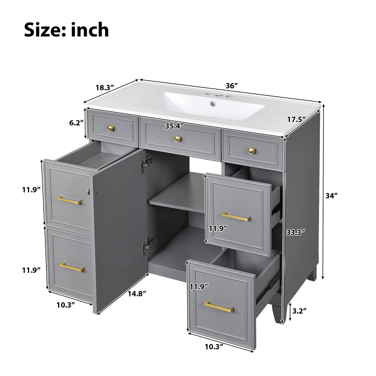 Bathroom Vanity With Ceramic Sink, Soft Close Doors, Adjustable Shelves