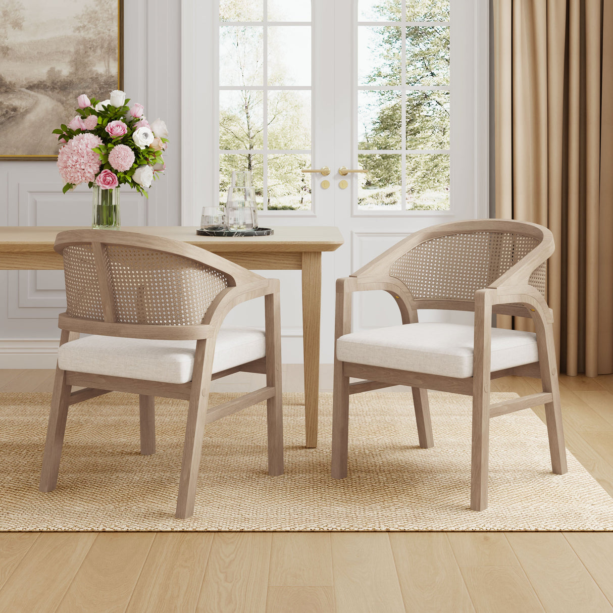 Wooden Frame Dining Chair with Rattan Back, Set of 2