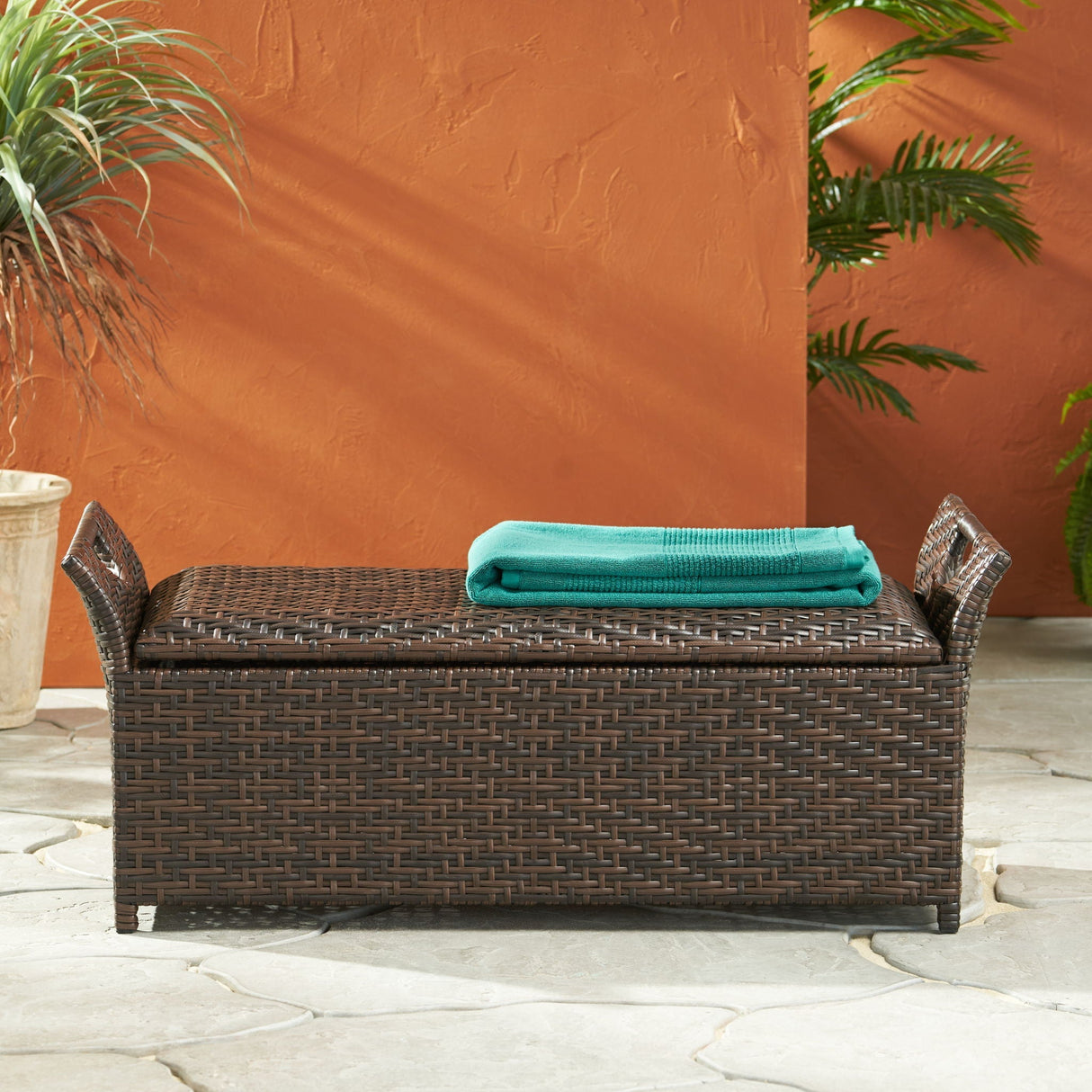 Outdoor Rattan Bench with Flair Arm and Storage - Brown