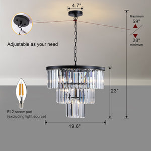20' Modern Crystal Chandelier with Black Finish – Elegant 7-Light Pendant Light with 3 Tier Crystal Strands for Dining Room, Living Room, or Bedroom (Bulb Not Included)