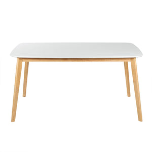 Dining Table With Splayed Rubberwood Legs & Faux Wood Tabletop, Mid Century Modern - White Oak