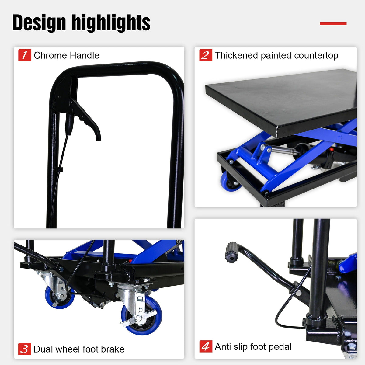 Hydraulic Lift Trolley, 500 Lbs Capacity, With 4 Wheels, For Material Handling And Transportation - Black / Blue