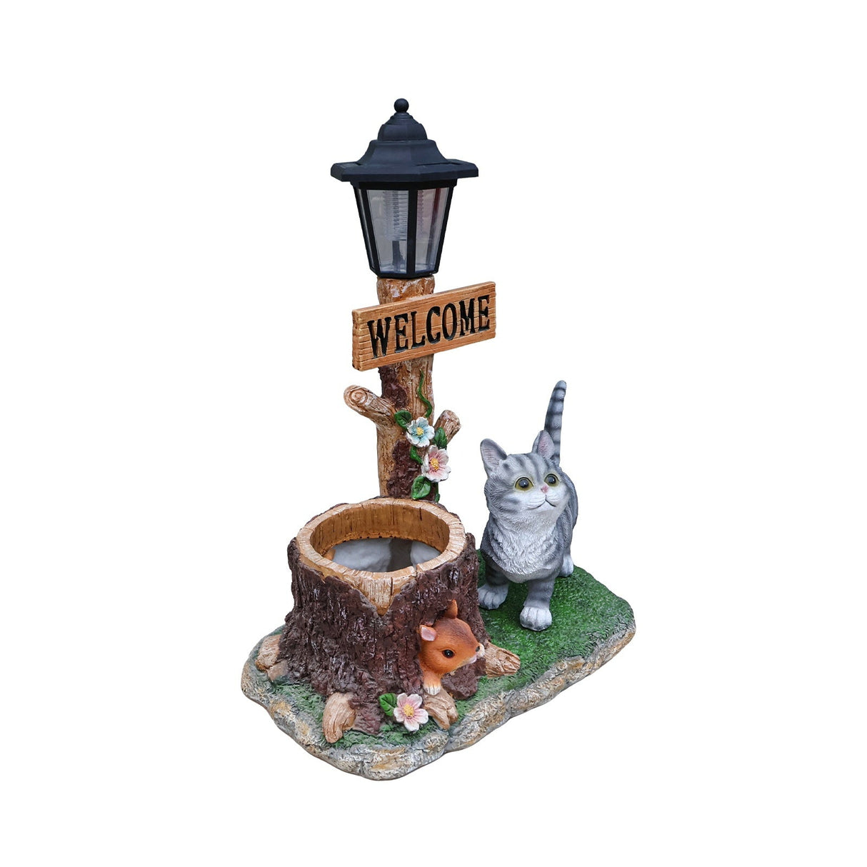Cat Solar Planter Statue for Outdoor Decor