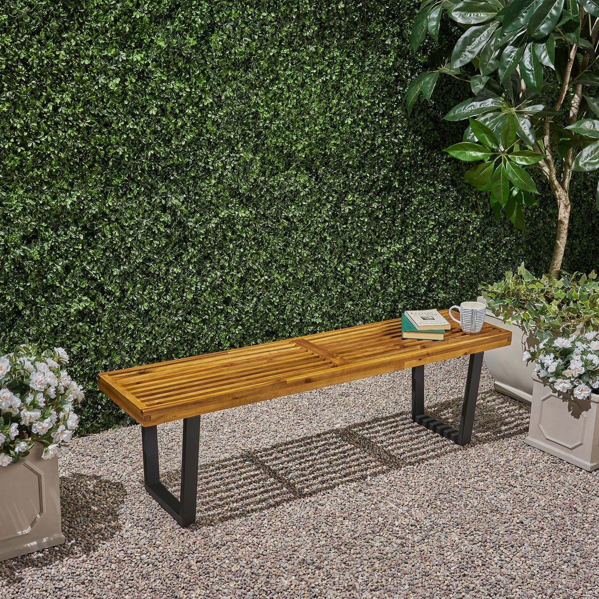 Intrinsic Outdoor Dining Bench with Slat Top - Acacia Wood & Iron
